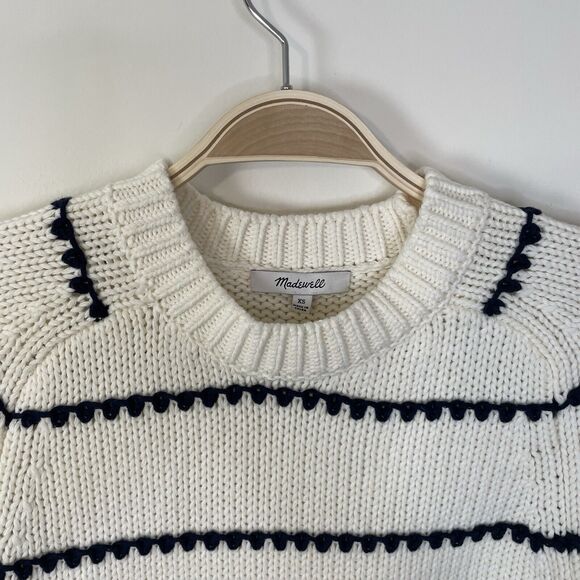 Madewell Textured Cotton Crewneck Sweater Stripe Ivory Navy XS Cozy Knit Chunky - Picture 4 of 10
